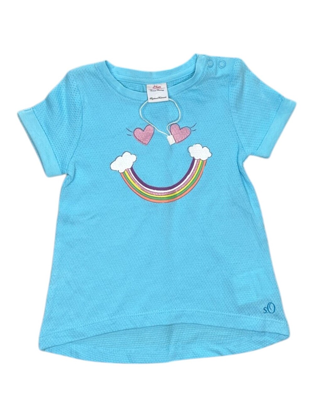 s.Oliver Girls' Turquoise Short Sleeve Top with Rainbow and Heart Design